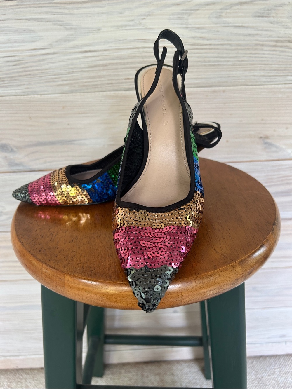 Zara Women's Multicolor Sequin Slingback Kitten Heel Pumps Size 37/7
